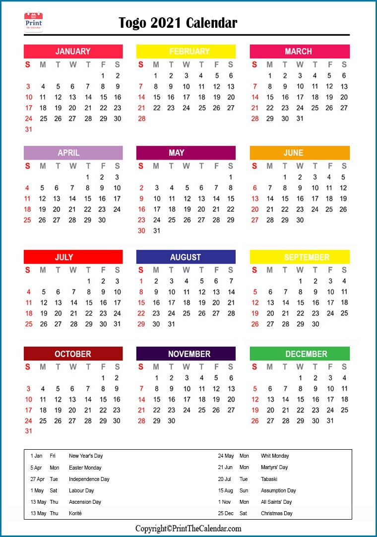Togo Printable Calendar 2021
